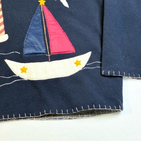 Women’s Fleece Open Front Cardigan Jacket Nautical Appliqué Whip Stitch Navy - Picture 7 of 9